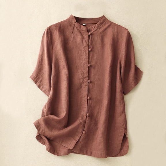 Wiyuqeen Women's Cotton Linen Shirts Retro Mandarin Collar Chinese Frog Button Tops Blouses Basic Plain Short Sleeve T-shirts Stylish Side Split Tops