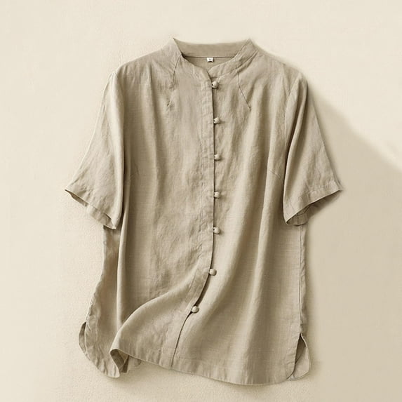 Wiyuqeen Women's Cotton Linen Shirts Retro Mandarin Collar Chinese Frog Button Tops Blouses Basic Plain Short Sleeve T-shirts Stylish Side Split Tops