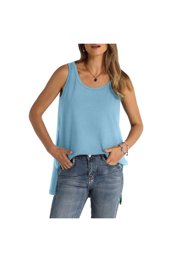 Women's Crew Neck Tank Tops Sleeveless Side Split Tunic Shirts Trendy Casual Loose Fit Summer T Shirt Solid Color Classic-Fit Tees