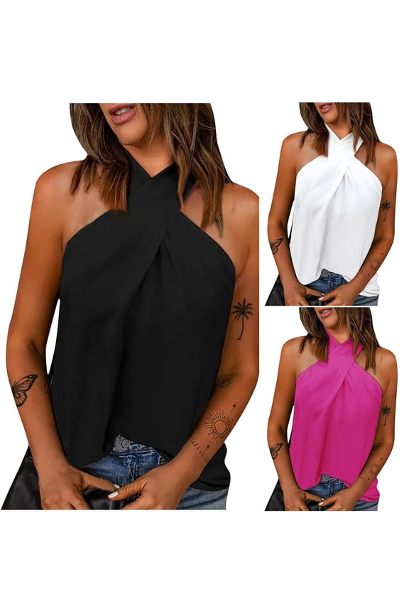Women's Criss Cross Halter Neck Tank Tops Dressy Casual Solid Sleeveless Blouses T-shirts Elegant Strapless Vests Bassic Loose Camis Tops