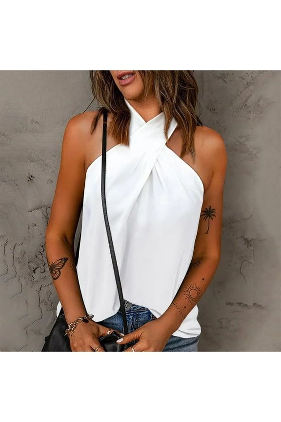 Women's Criss Cross Halter Neck Tank Tops Dressy Casual Solid Sleeveless Blouses T-shirts Elegant Strapless Vests Bassic Loose Camis Tops