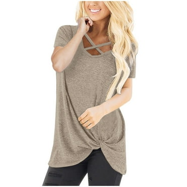 Wiyuqeen Women's Criss Cross V Neck Blouses Basic Summer Solid Short Sleeve T Shirts Trendy Side Twiss Knot Tunic Loose Fitted Flowy Tops