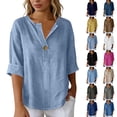 thumbnail image 1 of Wiyuqeen Women's Denim Shirt 3/4 Length Sleeve Henley Shirts Button Up V Neck Casual Blouses Plus Size Camisas De Mezclilla Para Mujer Light Blue XXXXXL, 1 of 8