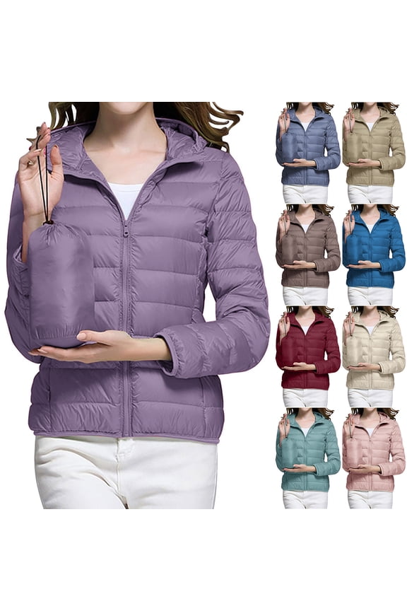 Women's Down Jacket Hooded Winter Light Weight Short Puffer Coats Packable Warm Windproof Ladies Parka with Pocket
