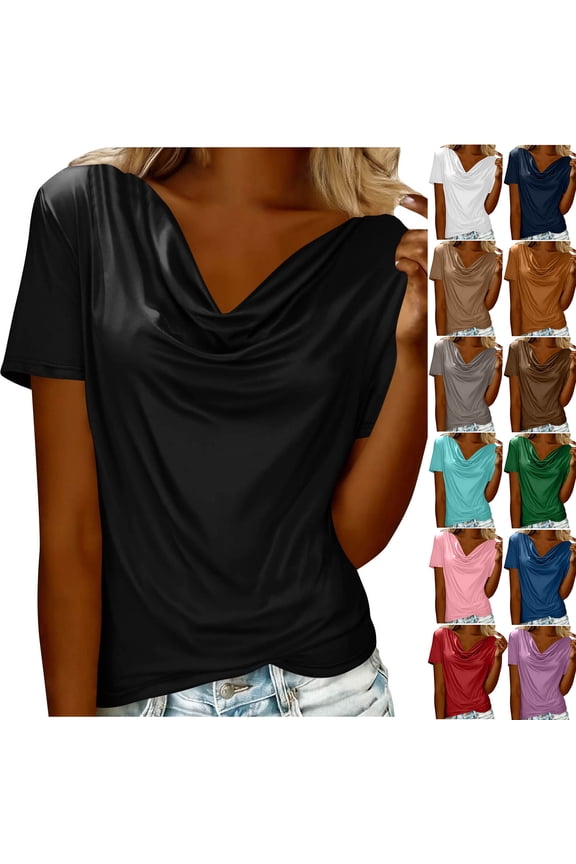 Women's Draped Blouses Short Sleeve Cowl Neck Dressy Work Shirts Solid Loose Fit Tee Shirts Lightweight Summer Tunic Tops