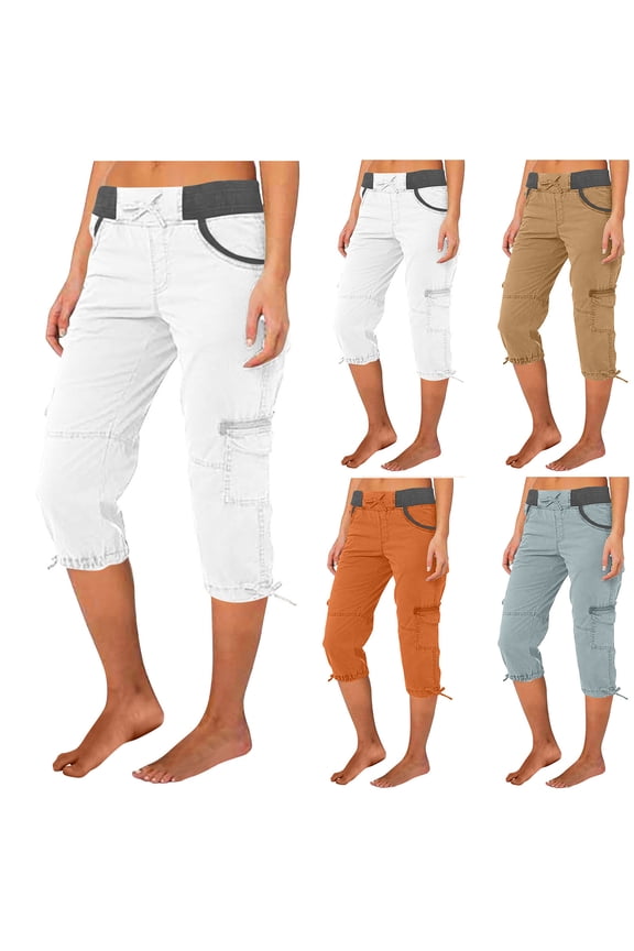 Women's Drwastring Cargo Capris Pants with Pockets Casual Solid Plain Cinch Bottom Dressy Lightweight Baggy Cropped Pants for Hiking Lounge Workout Low Rise Trousers