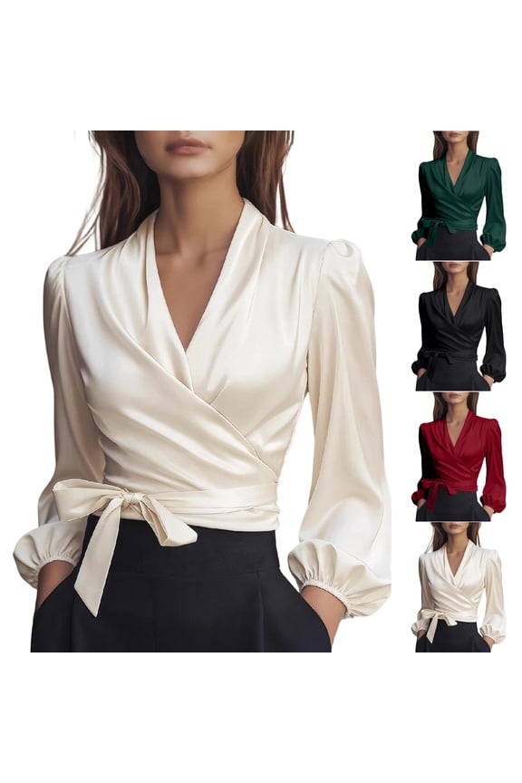 Women's Elegant Satin Long Sleeve Shirts Wrap V Neck Business Tie Belt Shirts Solid Casual Blouse Tops Cropped Tee Shirts