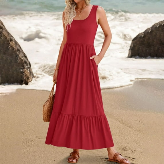 Wiyuqeen Women's Empire Waist Sleeveless Tiered Dresses Elegant Square Neck Pleated Swing Maxi Dresses Casual Summer Solid Color Sundresses