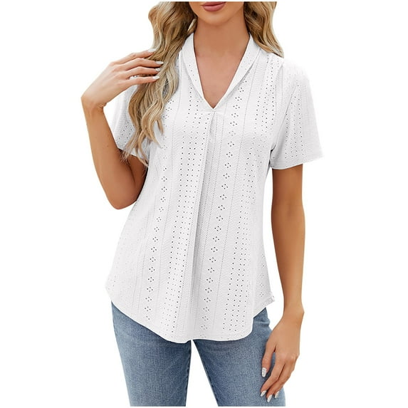 Wiyuqeen Women's Eyelet Short Sleeve Crochet Shirts Basic Solid Color Loose Fit Pleated V Neck T Shirts Hollow Out Collared Notch Tops Blouses