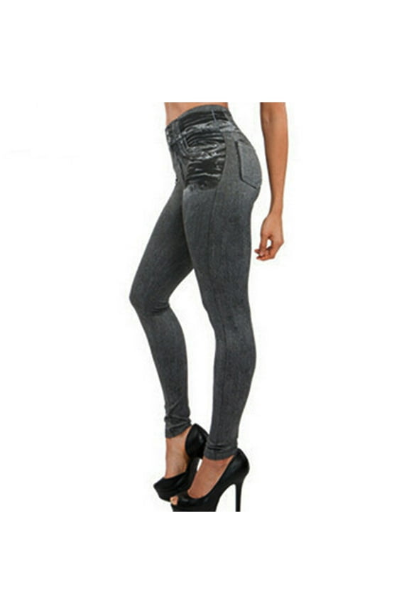 Women's Fake Denim Stretchy Jeggings High Waist Tummy Control Pants with Back Pockets Casual Slimming Leggings for Women