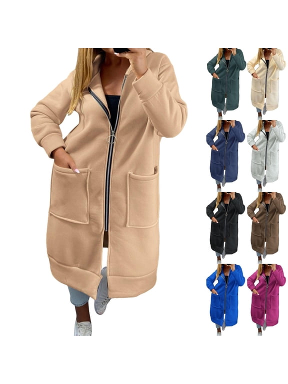 Women's Fall Jacket Zip up Hoodies Long Sleeve Long Tunic Sweatshirts Oversized Thin Fleece Line Casual Coat with Pocket S-5XL