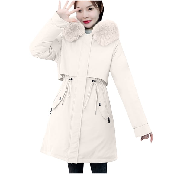 Wiyuqeen Women's Faux Fux Hooded Coat Fleece Lined Waterproof Warm Long Sleeve Puffer Jacket Ladies Solid Zip Up Parka Jackets with Pockets