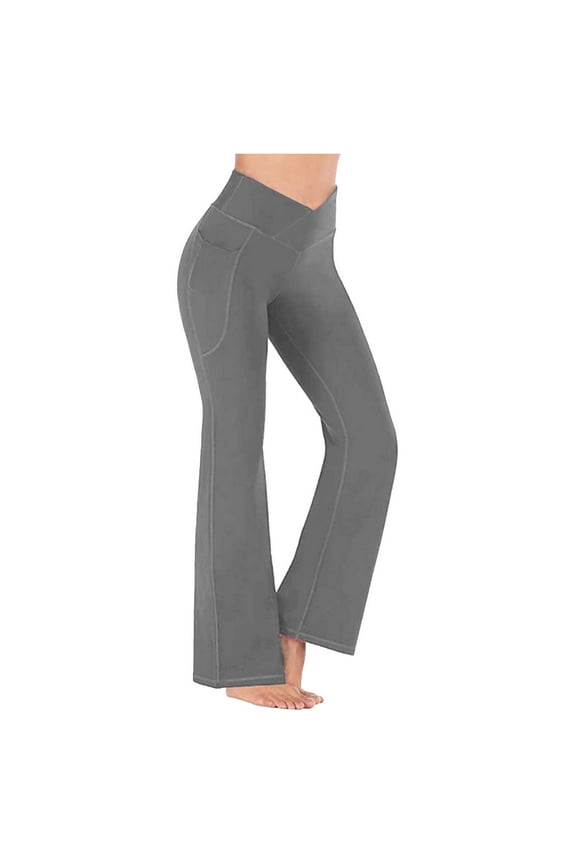 Women's Flare Yoga Pants Crisscross Front Waist Flared Leggings Solid Slimming Bootcut Workout Pants Petite Tummy Control Yoga Trousers