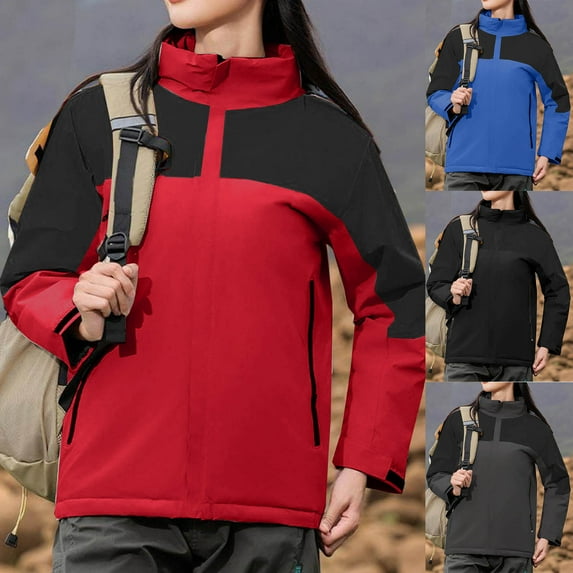 Wiyuqeen Women's Fleece Lined Rain Jacket with Detachable Hood Warm Lightweight Waterproof Insulated Windbreaker Color Block Rain Jackets