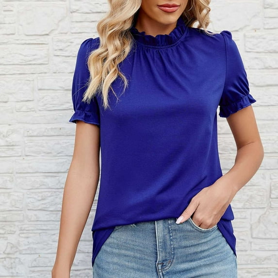 Wiyuqeen Women's Frill Mock Neck Summer Blouses Trendy Pletaed Puff Short Sleeve Tunics Comfy Solid Color Basic Slimming Tops