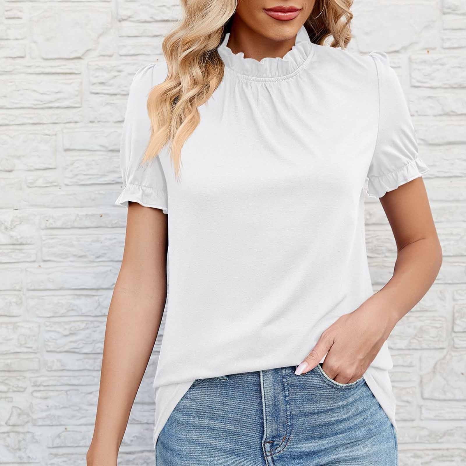 Wiyuqeen Women's Frill Mock Neck Summer Blouses Trendy Pletaed Puff ...