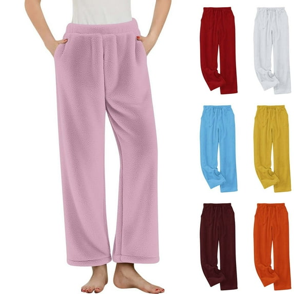 Wiyuqeen Women's Fuzzy Lounge Pants Comfy Warm Fleece Flannel Pajama Warm Elastic Waist Wide Leg Bottoms Solid Sleepwear with Pocket