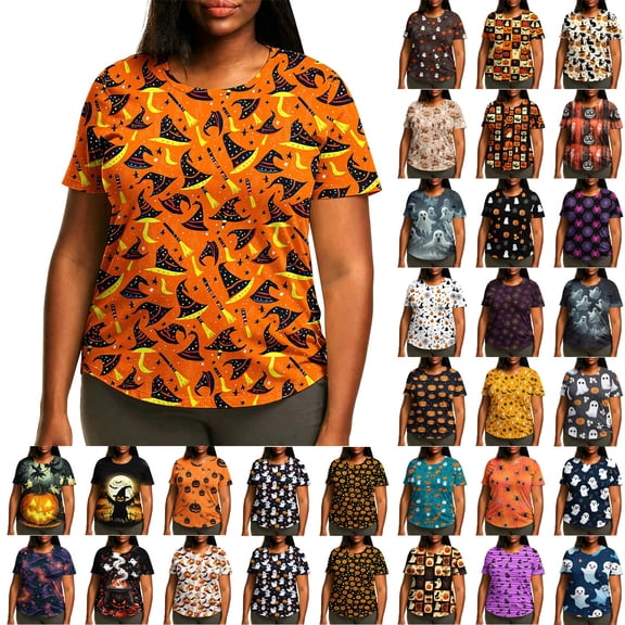 Wiyuqeen Women's Halloween Spider Web Print Crew Neck Short Sleeve T Shirts Loose Casual Plus Size Tops M-5XL Fashion Tees for Holiday Event Daily Look