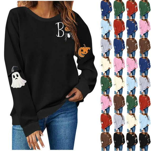 Wiyuqeen Women's Halloween Sweatshirts Crew Neck Ghosts Print Pullover Tops Long Sleeve Casual Sweat Shirts Holiday Gifts for Women