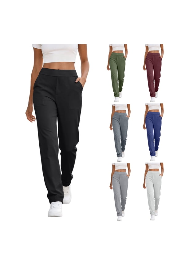 Women's High Rise Straight Leg Pants Stretchy Pull-On Work Pants Solid Casual Yoga Outdoor Pants with Pocket Black M