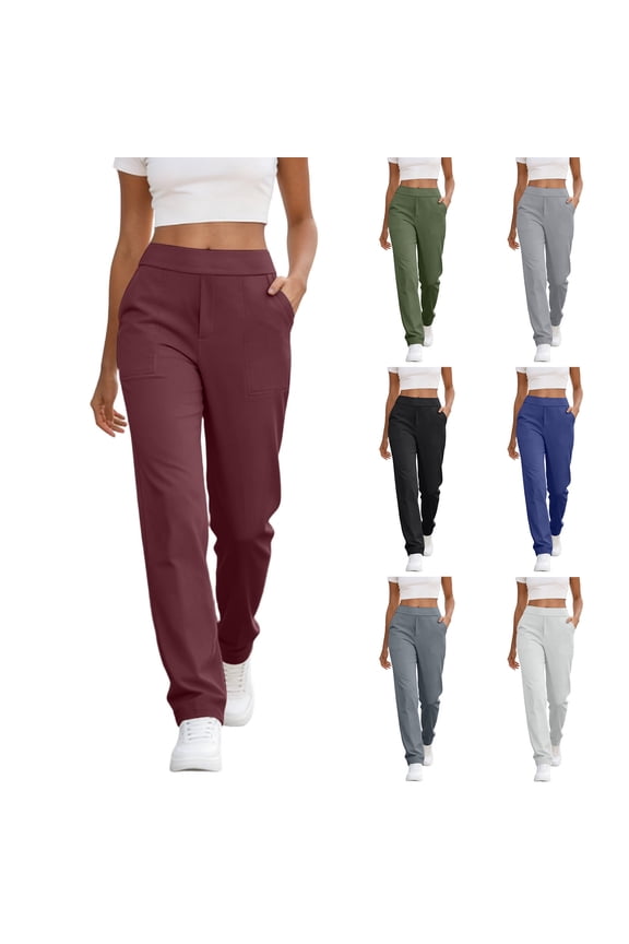 Women's High Rise Straight Leg Pants Stretchy Pull-On Work Pants Solid Casual Yoga Outdoor Pants with Pocket Wine XL
