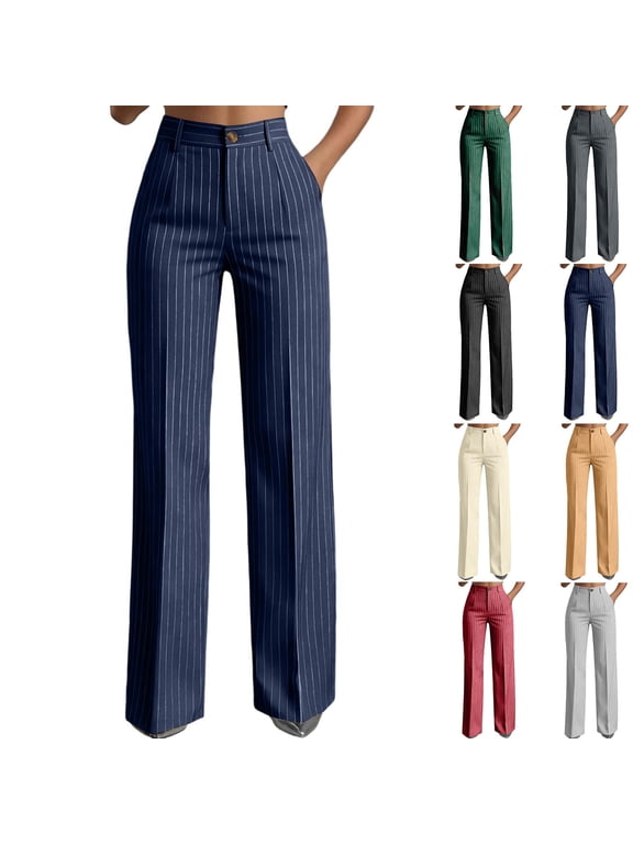 Women's High Waisted Pinstripe Wide Leg Pants Flowy Stretchy Dress Pants Office Business Casual Trousers with Pockets Dark Gray M