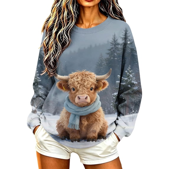Wiyuqeen Women's Highland Cow Graphic Sweatshirt Crewneck Christmas Print Pullover Long Sleeve Fall Casual Sweat Shirts S-XXL