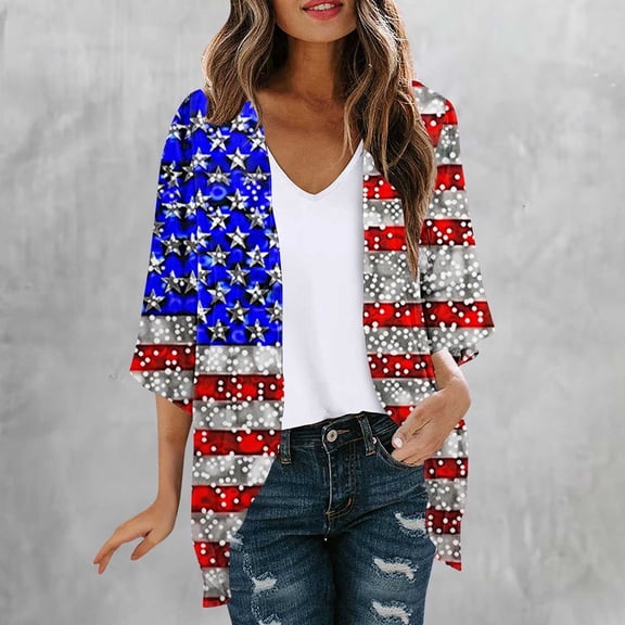 Wiyuqeen Women's Holiday Beach Kimono Cardigan 4th of July American Flag Chiffon Cardigans Open Front Short Sleeve Chiffon Cover Up