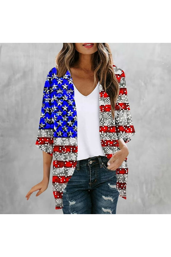 Women's Holiday Beach Kimono Cardigan 4th of July American Flag Chiffon Cardigans Open Front Short Sleeve Chiffon Cover Up