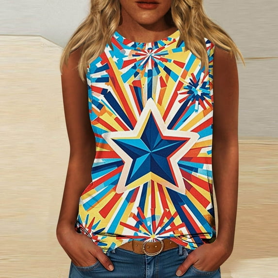 Wiyuqeen Women's Independence Day Sleeveless Tops Sleeveless Glittle Tanks Crew Neck 4th of July Tanks Plus Size Holiday Party Tanks