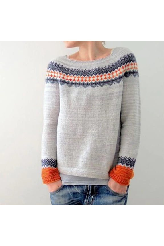 Women's Knitted Fair Isle Print Retro Sweater Casual Loose Crewneck Long Sleeve Lightweight Pullover Tops Plus Size Fall Sweaters