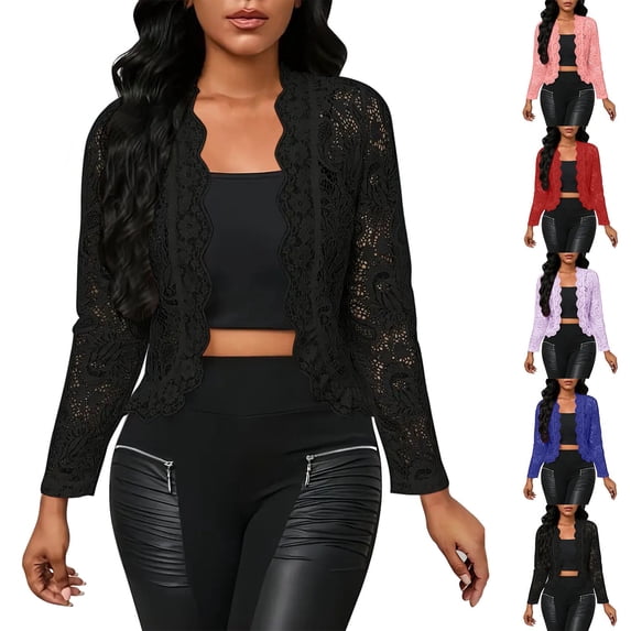 Wiyuqeen Women's Lace Cardigan Open Front Lace Shrug Elegant Sheer Floral Cropped Bolero Cardigans Long Sleeve Lightweight Wedding Shrug