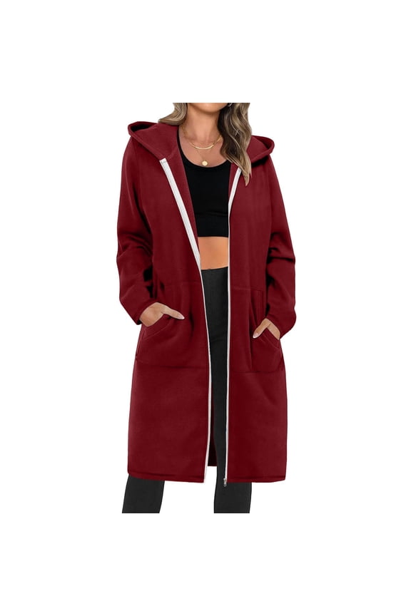 Women's Long Full Zip Up Hoodie Lightweight Oversized Tunic Sweatshirt Open Front Cardigan Jacket with Pockets Knee Length Winter Fleece Lined Outerwear