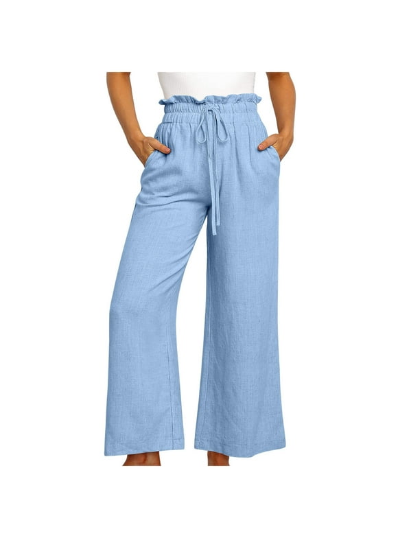 Women's Loose Linen Pants Casual Lightweight Elastic Waist Lounge Pants Wide Leg Trousers with Pocket Summer Trendy Baggy Beach Long Pant