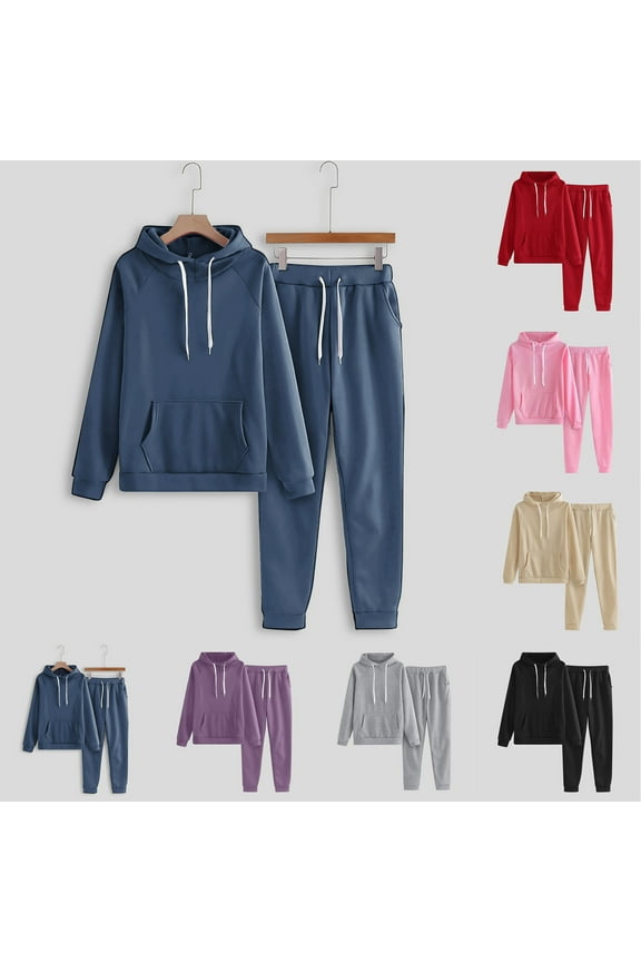Women's Loose Tracksuits Drawstring Pullover Tops and Joggers Sets Plain 2 Piece Hooded Tracksuit Sets Petite Fall Loungewear