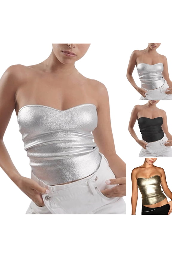Women's Metallic Tube Top Strapless Y2K Crop Top Sleeveless Stretchy Bandeau Tank Top Bustier Clubwear Party Outfit