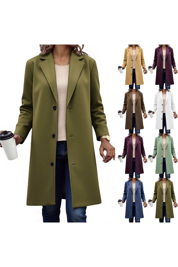 Women's Notched Lapel Wool Coat Plus Size Breasted Pea Coats Winter Wool Blend Blazer Jacket Solid Outerwear