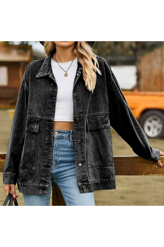 Women's Oversized Denim Jacket Casual Long Sleeve Vintage Jean Jacket Classic Loose Lapel Jean Coat with Pockets Button Down Jean Outwear