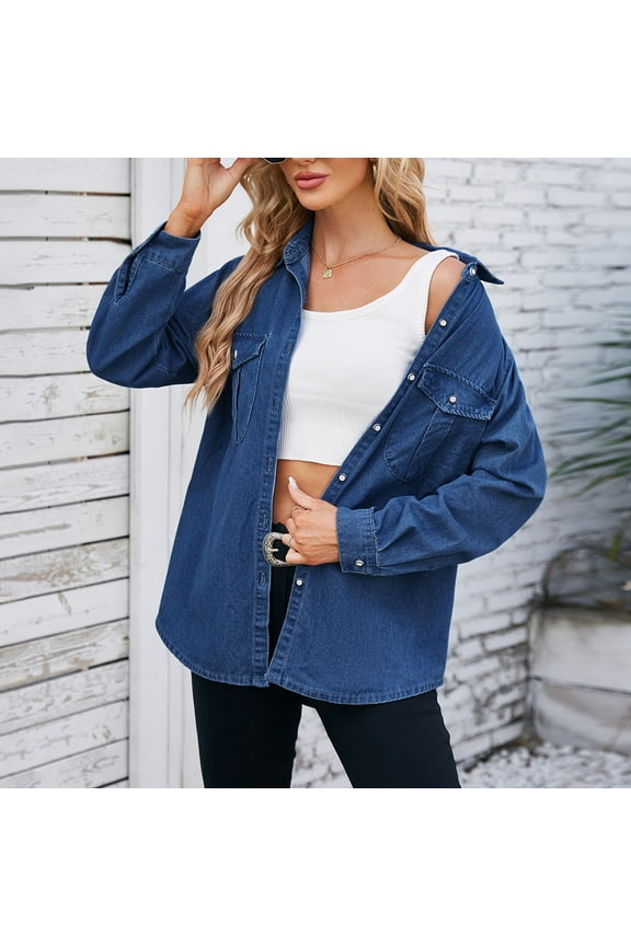 Women's Oversized Denim Jacket Casual Long Sleeve Vintage Jean Jacket Loose Lightweight Jean Coat with Pockets Prime