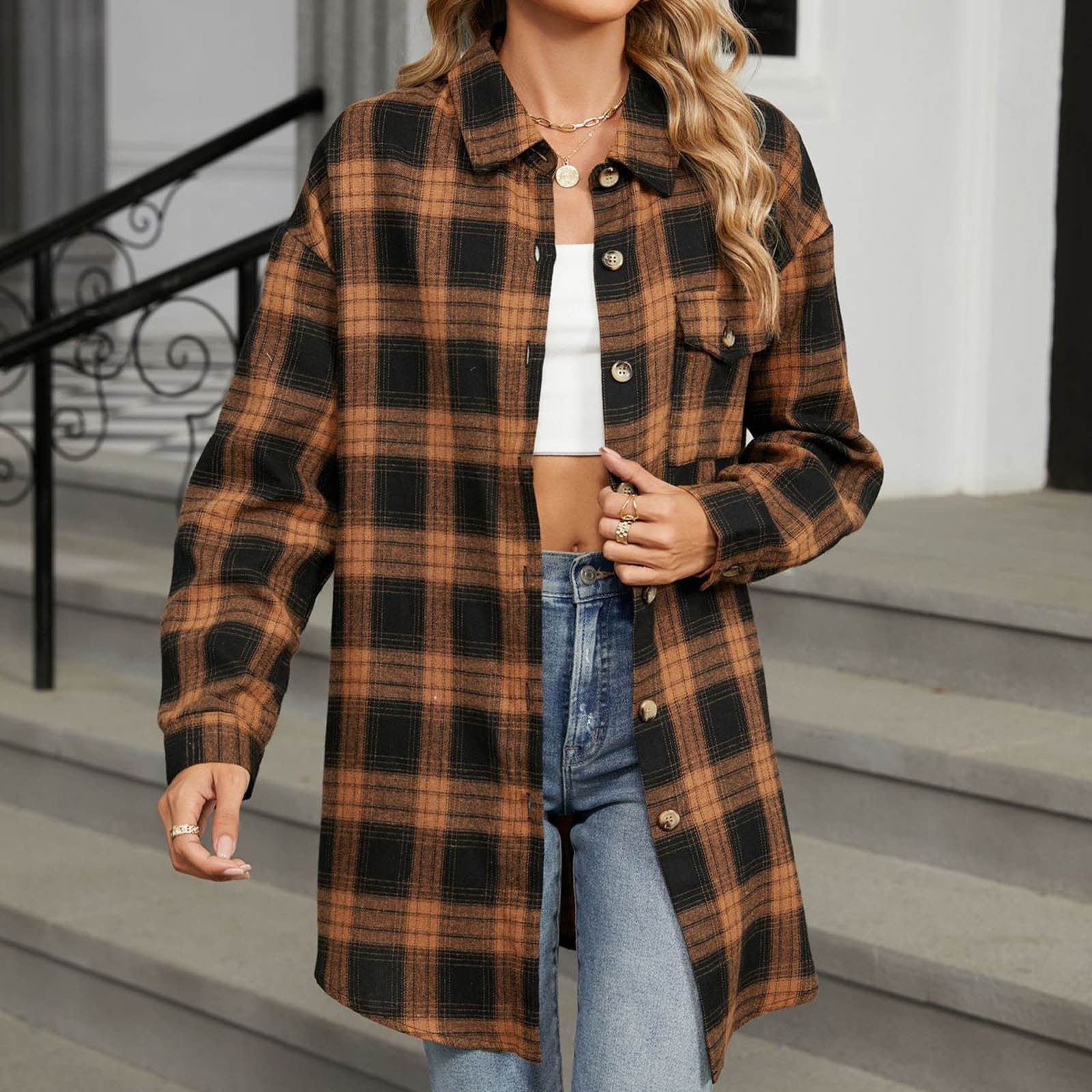 Flannel Oversized Shirt Jacket Flannel Shirt Lapel Baggy Tartan