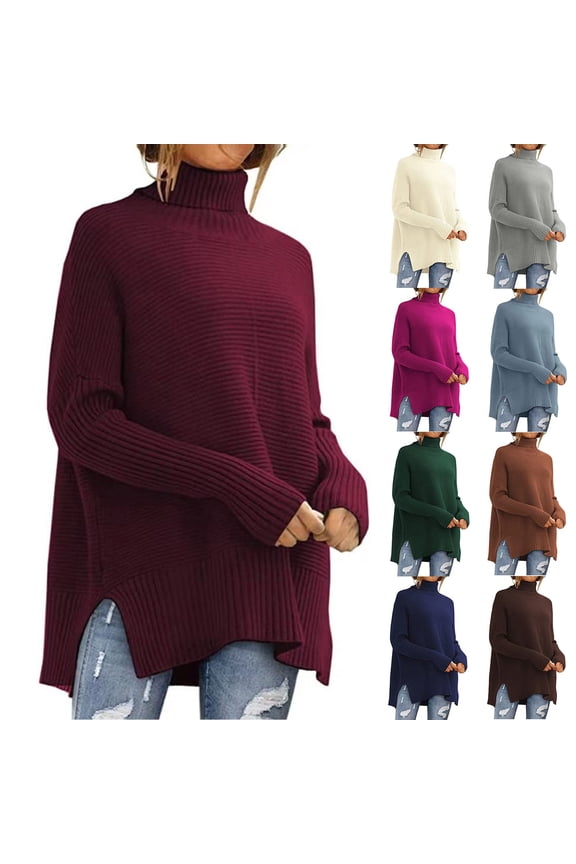 Women's Oversized Turtleneck Sweaters Long Sleeve Ribbed Knit Pullover Solid Slit Hem Fall Winter Sweaters for Ladies