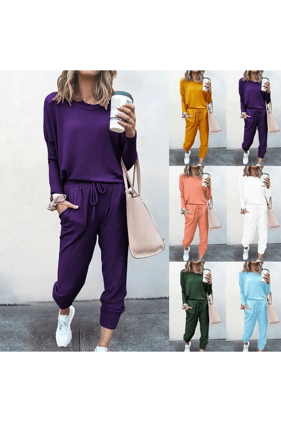 Women’s Plain Two Piece Outfits Long Sleeve Pullover Tops and Drawstring Waist Long Pants Sweatsuits Loose Fit Jogger Sets with Pockets