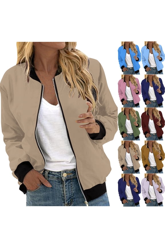Women's Plus Size Bomber Jackets Casual Lightweight Zip-up Coat Solid Spring Fall Windbreaker Outerwear with Pockets Long Sleeve Collarless Jacket