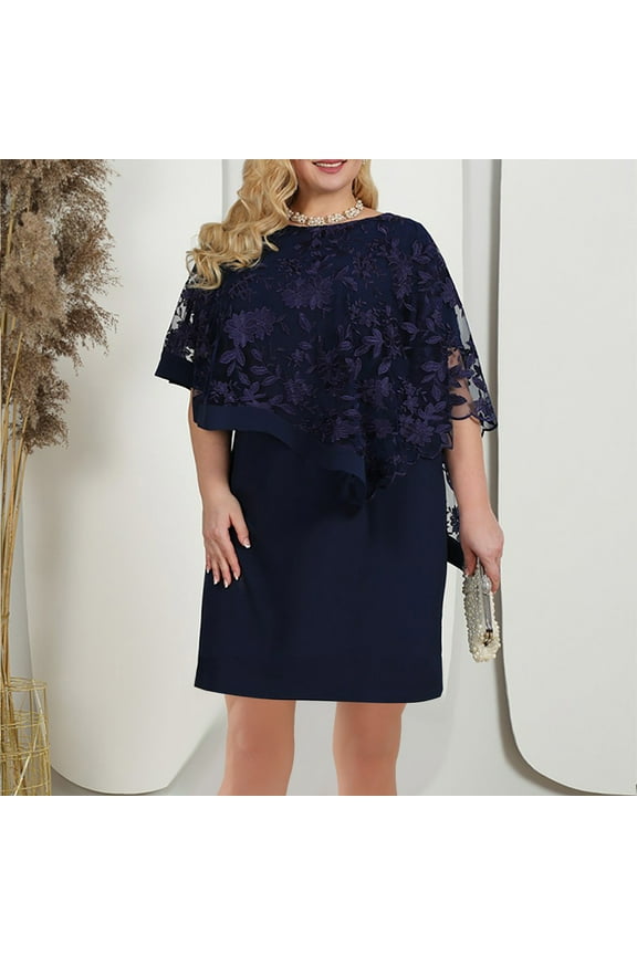 Women's Plus Size Cape Dress with Lace Overlay Bodycon Pencil Dress Chiffon Knee Length Dresses for Wedding Guest
