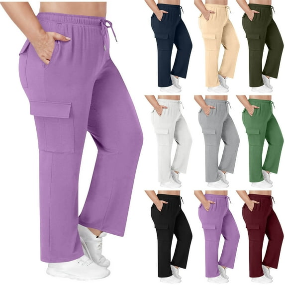 Wiyuqeen Women's Plus Size Cargo Pants Elastic Waist Drawstring Joggers Solid Baggy Straight Wide Leg Pants with Pocket for Summer