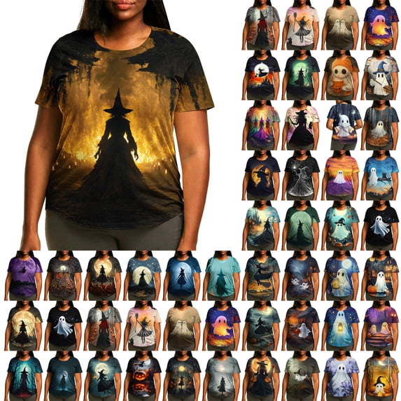 Wiyuqeen Women's Plus Size Halloween Shirts Crewneck Short Sleeve Loose Fit T-Shirts Cute Ghosts Print Tee Shirt Vintage Holiday Clothes M-5XL