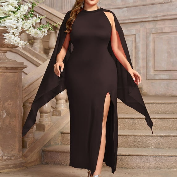 Wiyuqeen Women's Plus Size Party Dress with Cape Classic Slim Crew Neck Sleevless Cocktail Dress Solid Elegant Wedding Guest Long Dresses