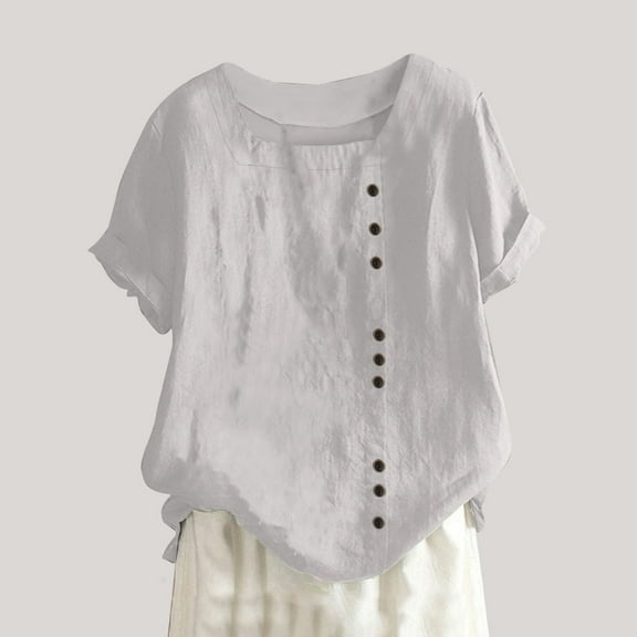 Wiyuqeen Women's Plus Size Square Neck Blouses Summer Linen Cotton Button-up Tshirts Tops Casual Trendy Flower Tunics Tees Loose Fit Short Sleeve Shirts