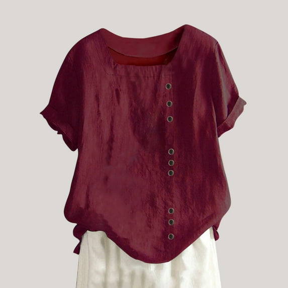 Wiyuqeen Women's Plus Size Square Neck Blouses Summer Linen Cotton Button-up Tshirts Tops Casual Trendy Flower Tunics Tees Loose Fit Short Sleeve Shirts