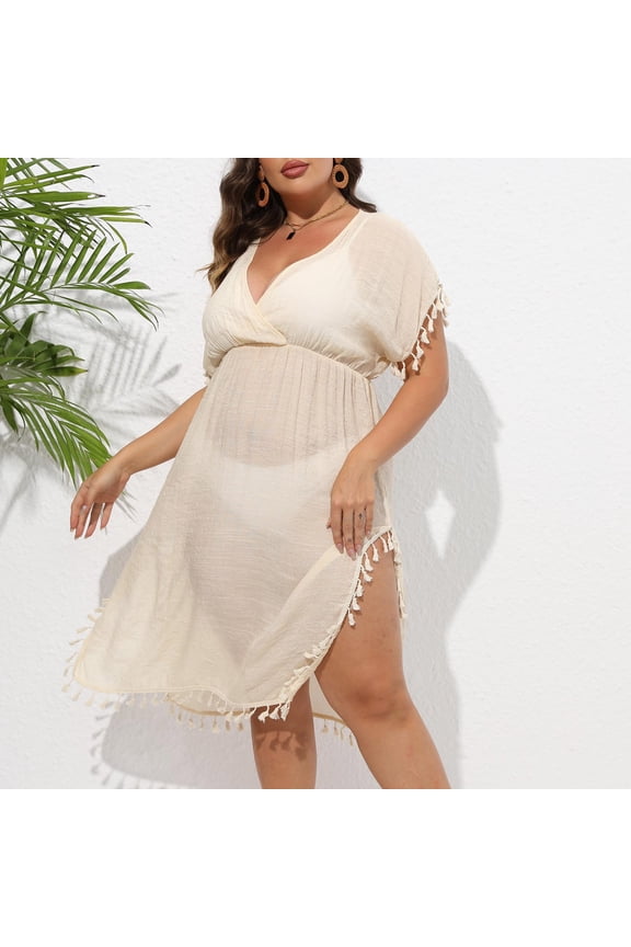 Women's Plus Size Tassel Coverups Casual Solid V Neck Short Sleeve Beach Cover Up Dresses Comfy High Waisted Split Thigh Swimwear Dresses